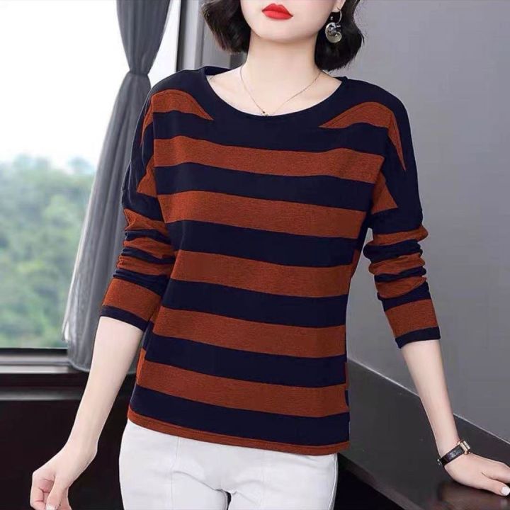 100 Cotton T Shirt Womens Long Sleeved Striped T Shirt Oose Large Size Round Neck Bottoming 9913