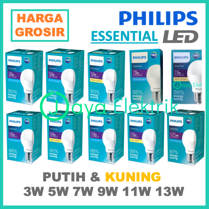 Lampu Philips Led Essential 3w 5w 7w 9w 11w 13w Putih Kuning Bohlam