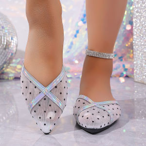 [Free Shipping] Polka Dot Mesh Pointed Toe Flat Sandals With Back Strap And Closed Toe Soft Sole WomenS Shoes