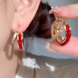 Fashionable Ring Gift 年新款港风轻奢超闪红色几何方形耳环高级感百搭耳饰耳扣耳圈