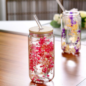 High Borosilicate Double-layer Glass Water Cup 350ML Dried Flower Cup Cola Coffee with Bamboo Lid & Straw Thermal Insulated Anti-scalding