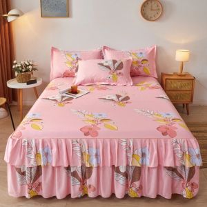 VOYUE Floral Printed Double Lace Bed Skirt Three-piece Set Dust-proof Pink 3in1 Bedsheet Set Four Seasons 120/150/180CM Bedsheet Pillowcase for Kids Adults Bedroom