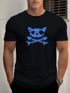 2025 Summer Mens Cotton T Shirt Cat Skull Fish Trendy Print Round Neck T-Shirt Casual Breathable Street Style Daily Top