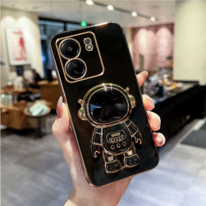 NIWINEE Straight Edge Soft Plating Shockproof Phone Case With Cute Astronaut Stand Holder For Xiaomi POCO C65 Glossy Phone Casing Fashion Phone Cover With Full Cover Camera Protection Top Seller