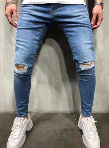 Celana Jeans Warna Biru Gaya Ripped Bahan Blue Denim Bandung