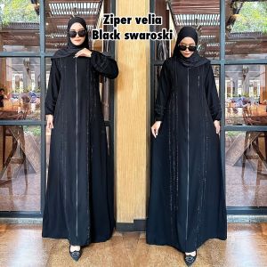 Neww Abaya Ziper swaroski mix Jettblack Super Dubai Velia