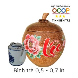 Bình ủ trà gỗ dừa cao cấp vẽ chữ Lộc / Tùy chọn bình trà 05 - 08 - 13 - 20 lít / Giữ ấm 3 - 5 giờ / Hàng đạt OCOP 3 sao tỉnh Bến Tre năm 2023 / Sản phẩm mỹ nghệ dùng làm quà đặc trưng xứ dừa Bến Tre