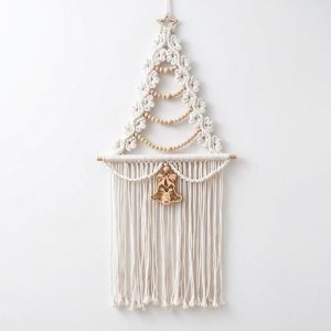 PHANT Woven Christmas Tree Macrame Tapestry Wood Beads Aesthetic Wall Hanging Pendant Bohemian Style Art Xmas Wall Decor Christmas Decor