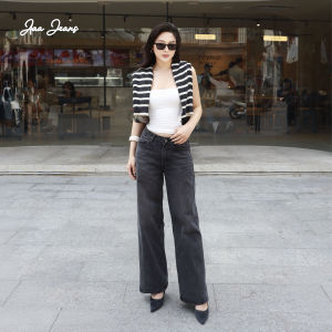 Quần jeans nữ màu xám ống suông lưng thấp Aaa Jeans