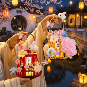 WENQI Chinese Style Traditional Rattan Lanterns Handmade Rabbit Flower Rabbit Lanterns Funny with Light Handheld Lanterns Mid-Autumn Festival