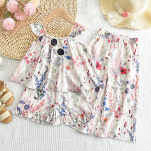 Bear Leader 3 to 7 Years Girls Korean Version Flower Print Outfits Summer Sleeveless T-shirt Tops + Ruffle Shorts + Pants Three Piece Set Muslim Raya Casual Kids Suit Plain Girls Clothes