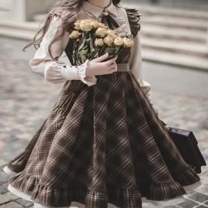 Fake Two-Piece Dress for Women Long Skirt Slim Fit Waist Cinching Vintage Lolita Plaid Bow New Korean Style Fashion Winter 20262026