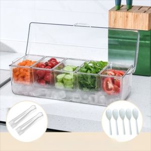 GAOSU Removable Chilled Condiment Server Tray Clear Dispenser Organizer Garnish Tray with Lids Practical Plastic 5 Compartment Serving Bowl Home