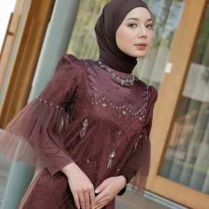 Rinjani Dress Matt Silk Roberto Mix Brukat Cantily Aplikasi Payet Mutiara Gamis Pesta Terbaru Warna Mahogany