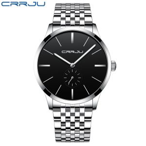 CRRJU Fashion Men Watch Luxury Silver Black Stainless Steel Quartz Wristwatch Casual Sport Waterproof Clock (2166)