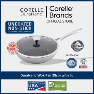 CORELLE DuraNano 28cm Wok Pan with Lid - Uncoated Non-Stick Stainless Steel Cookware (10 Years Warranty)