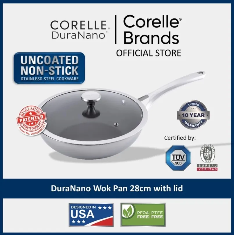 Corelle DuraNano 28cm Wok Pan with Lid - Uncoated Non-Stick