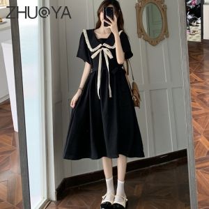 DUOHANZI ผู้หญิงฤดูร้อนใหม่อารมณ์วิทยาลัยสไตล์แขนสั้นชุดคอตูกตา ชุดเดรสผู้หญิง เดรส ชุดเดรส