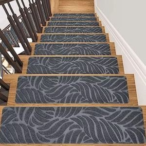HUAGUES 3PCS Embossed Carpet Embossed Banana Leaves Staircase Mat Self Adhesive Washable Stair Tread Carpet Door Mat Scratch Resistant Non-Slip Stepping Mat For Kids Elder