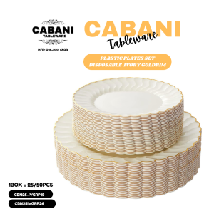 Cabani Plastic Plate Tableware IVGR Ivory Goldrim Party Dinner Plates 25pcs Pack Reusable Pinggan