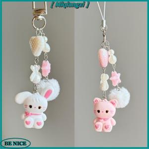 [miqiangzi] Cute Rabbit Kitty Bear Pendant Key Chain Fluffy Ball Bow Bead Mobile Phone Chain Anti-Lost Lanyard Kawaii Bag Charm Gift