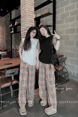 Set Bộ Đồ Nữ Áo Thun Phối Tay Bbr Mix Quần Xuông Kẻ Dáng Rộng