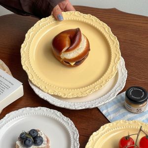 WANGCAI Round Shape French Relief Plate White/Yellow Color Embossed Design Western Dining Tableware Exquisite Aesthetic Underglazed Colour Dessert Serving Tray Household Use