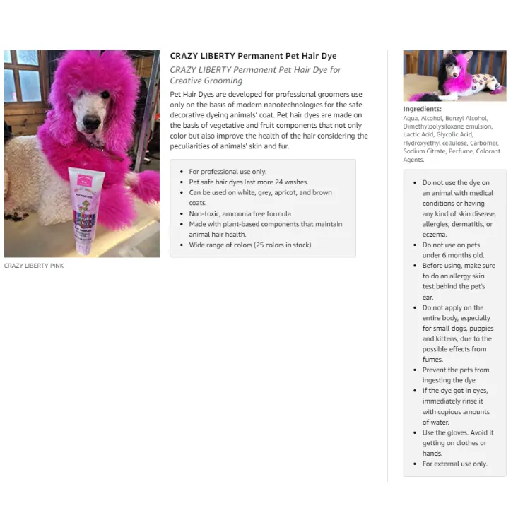 CRAZY LIBERTY Pets Hair dye (Pink), Permanent Dog Hair Dye, Non