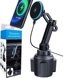 Magnetic Cup Phone Holder Car Wireless Charger for MagSafe 15W Fast Charging Car Mount Stand for iPhone 16 Pro Max/15/14/13/12 Cupholder Expander LED Light Ring Strong N52 Magnets