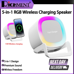 RICHMENT 4 in 1 Bluetooth Speaker 15W Wireless Charger Mobile Phone Holder Atmosphere Night Light Desktop Speaker