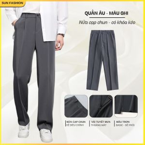 Quần âu ống suông namnữ nửa cạp chun SUN màu GHI basic dễ phối đồ phù hợp với mọi vóc dáng