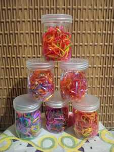 karet ikat rambut jepang rainbow warna warni hitam kemasan tabung toples 30 gr