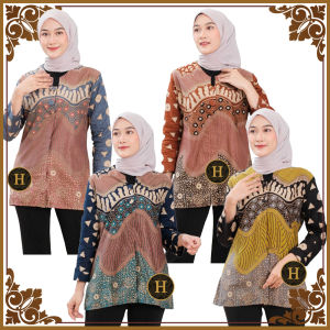 Blus / Blouse Atasan Batik Wanita Perempuan Cewek Kerja Kantor Modern Lengan Panjang Motif Laura