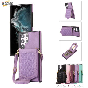 KISSCASE Luxury High-Definition Cosmetic Mirror Side Patch Case for Samsung S23Ultra Anti-Theft Brush Mobile Phone Leather Case A12 With Lanyard Flip Leather Case For Samsung Galaxy S23+ S23 S22 S21 A74 A54 A73 A75 A72 A52 A12 5G