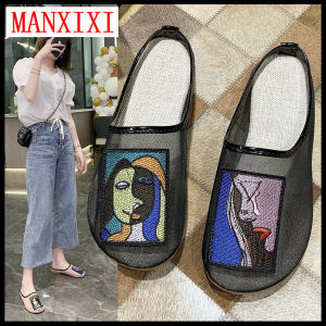 MANXIXI Brand INS Street Style Flat Slippers Fashion Beautiful Graffiti Pattern Translucent Leisure Mules Sandals For Women (Size 35-40)