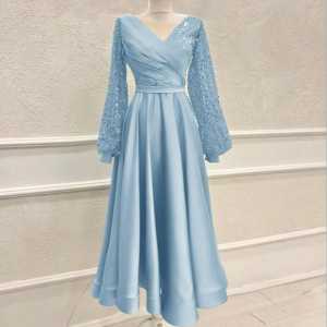 Dress Valena r1 Elegan Lengan Panjang dengan Aksen Pita dan Kerah V-Neck - Baju Muslim Wanita