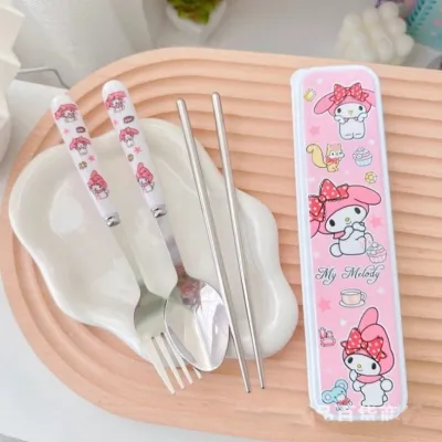Sanrio Character Stainless Steel Cutlery Set​​ - 2-Piece Portable Student Spoon & Fork with Cartoon Design Food-Grade 304 Steel for Lunchboxes & Travel (Hello Kitty/Kuromi/My Melody Themes)