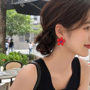 CHARRISSA Asymmetry Design Flower Stud Earrings Colorful Bright Color Statement Earrings Unique Blue and Red Enamel Drip Glaze Earrings Women