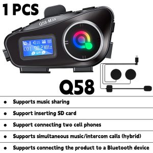 Q58-Max-2 In 1Mic Bluetooth Motorcycle Intercom Helmet Headset 500m Lnterphone 1000mAh Large Screen Display For 2 Rider Lntercomunicador Support Music Sharing With LED light FM Support SD