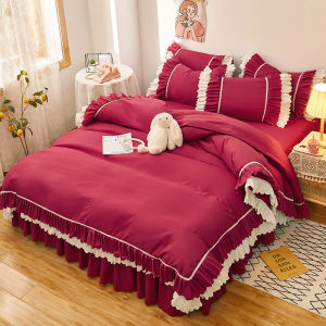 4 Bộ PC ruffles da thân thiện Quilt cover Duvet cover Comforter cover vỏ gối tấm ga trải giường màu vàng/xanh/đỏ/màu hồng đồng bằng nhuộm Váy ngủ 120/150/180/200 trang trí Váy Ngủ Bộ đồ giường/Bộ vỏ chăn ga gối