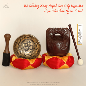 [Amrita] Bộ Chuông Xoay Nepal Cao Cấp Kèm Mõ Họa Tiết Chân Ngôn "Om" - CXNP75