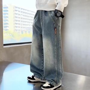 Quần jeans vá cho bé trai lớn quần mùa xuân thu quần trẻ em rộng ống quần áo cho thiếu niên 120-170cm