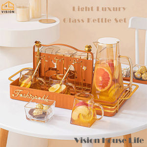 Vision Nordic Luxury Water Kettle Set Household Borosilicat Glass Juice Jug Bottle Household Heat Resistance Water Jug Set Large Capacity Teapot with Cup Filter Cold Drinkware