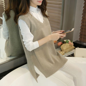 9Li Autumn and Winter New 2024 Korean Style Solid Color plus Size Vest Vest Womens Mid-Length Loose v Collar Sleeveless Sweaters