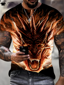 3D Dragon Graphic T-Shirts Men Summer Outdoor Trend Mens Clothing Fashion Breathable Mens T-Shirt Hundred Round Neck Mens Top