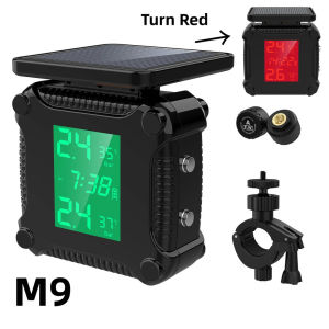 Solar TPMS Motorcycle Tire Pressure Monitor Wireless Solar Powered Tire Pressure Monitoring System for Motorcycles with Monitor with 2 External Sensors IP67 Waterproof Dustproof
