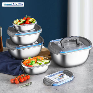 JustLiving 304 Stainless Steel Seal Food Storage Box with Lid Large Capacity Refrigerator Freezer Lunch Box with Handle Leak-proof Fridge Food Container Refrigerator Organizer Lunch Box for Kids