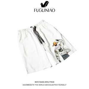 FUGUINIAO Mens Summer New Anime Style Print Shorts Beach Black Shorts