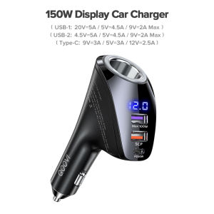 QOOVI 150W Car Charger Type C PD 30W + 100W Quick Charge QC 4.0 + 22.5W Supercharge Scp + Lighter Socket Fast Charging For iPhone 14 iPad Android Cellphones Laptops Tablets