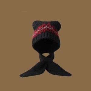 THANKSKY Phong cách Fair Isle Mũ đan Jacquard Lót lông cừu Phong cách dân tộc Bộ mũ và khăn len Phong cách retro Ấm áp Mũ len tai gấu Phụ kiện thời trang
